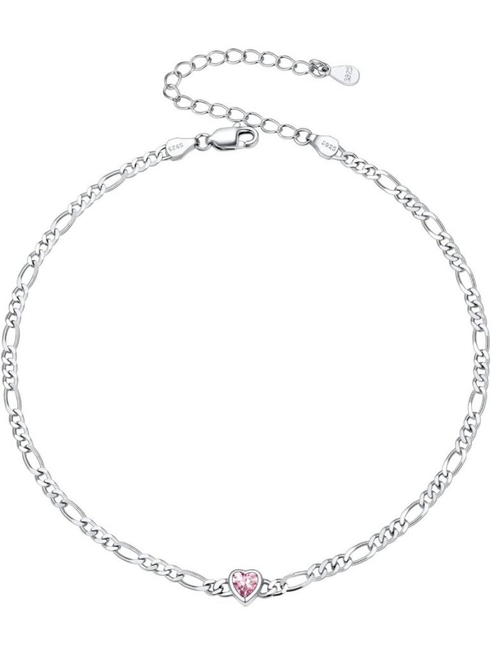 Sterling Silver Birthstone Anklet for Women, Heart/Round Charm, Waterproof Beach
